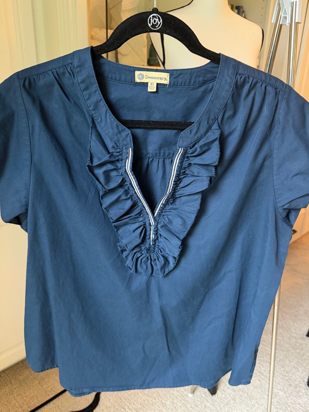 Democracy Navy Blue Ruffled V-Neck Short Sleeve Blouse